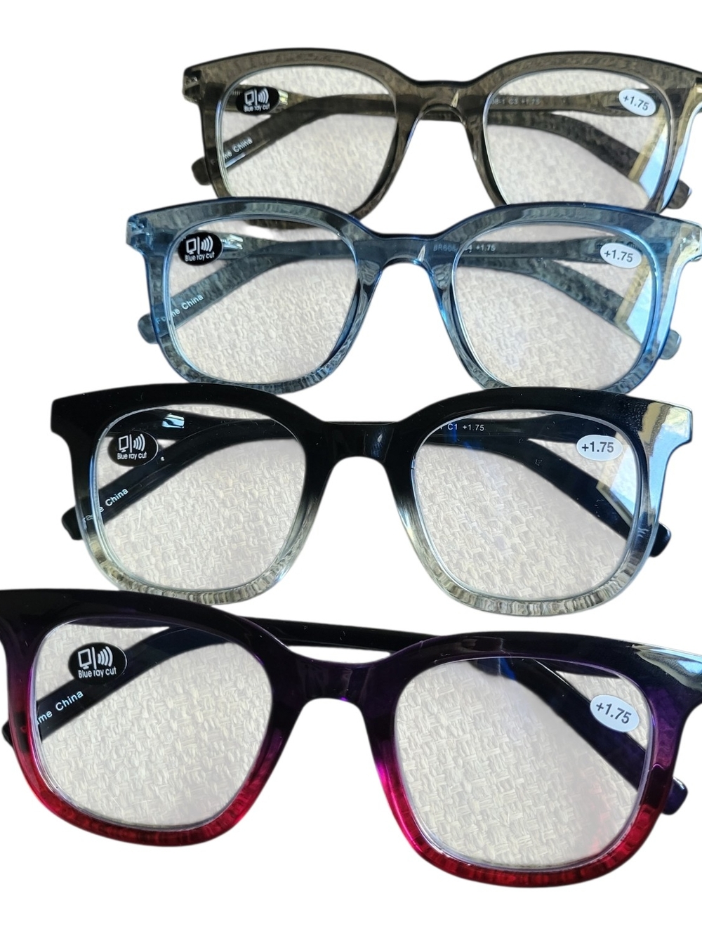 Set of 4 Reading Glasses in Gray, Blue, Black-Gradient, Purple-Red